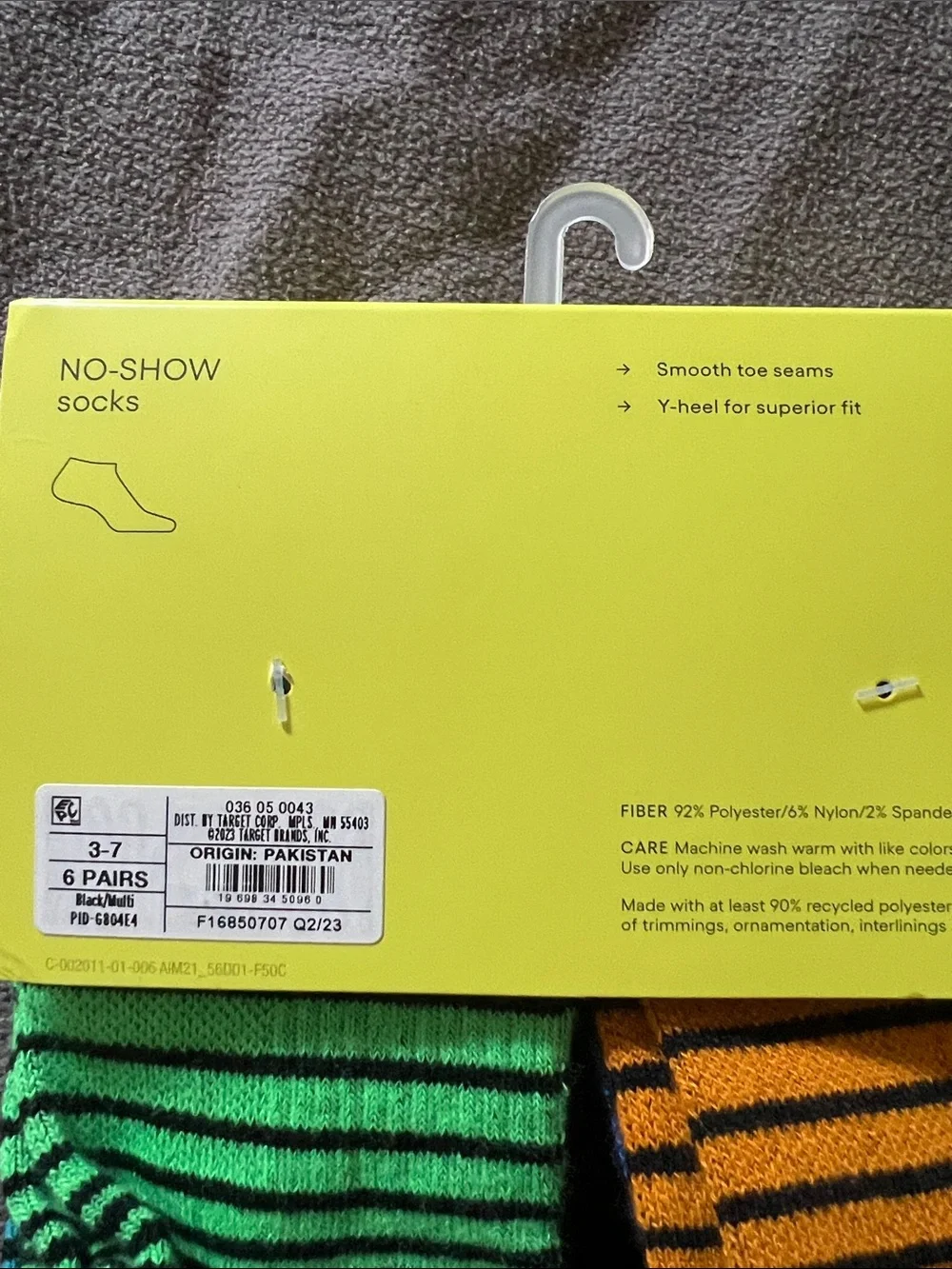 NWT all in motion Boys No-Show Socks - Black and Multi Stripes (6-Pack) Sz Large